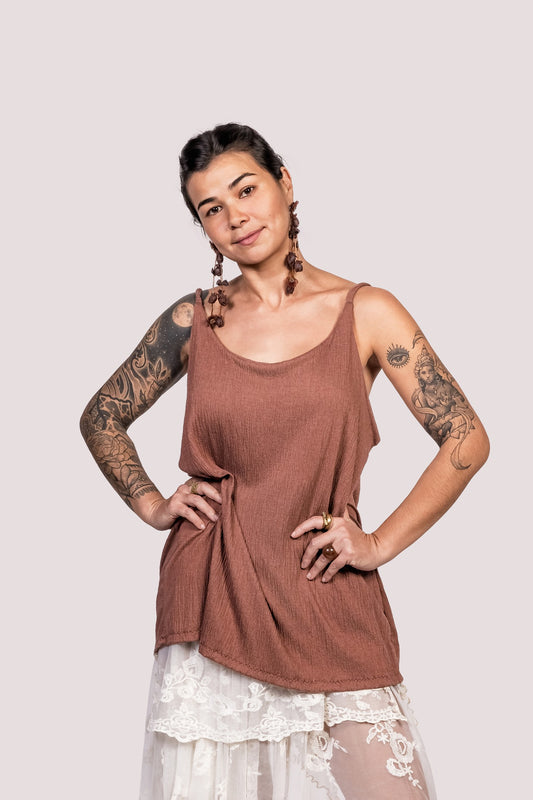 Glória | Regata Alcinha Marrom Oversized Algodão - Fuá Ateliê