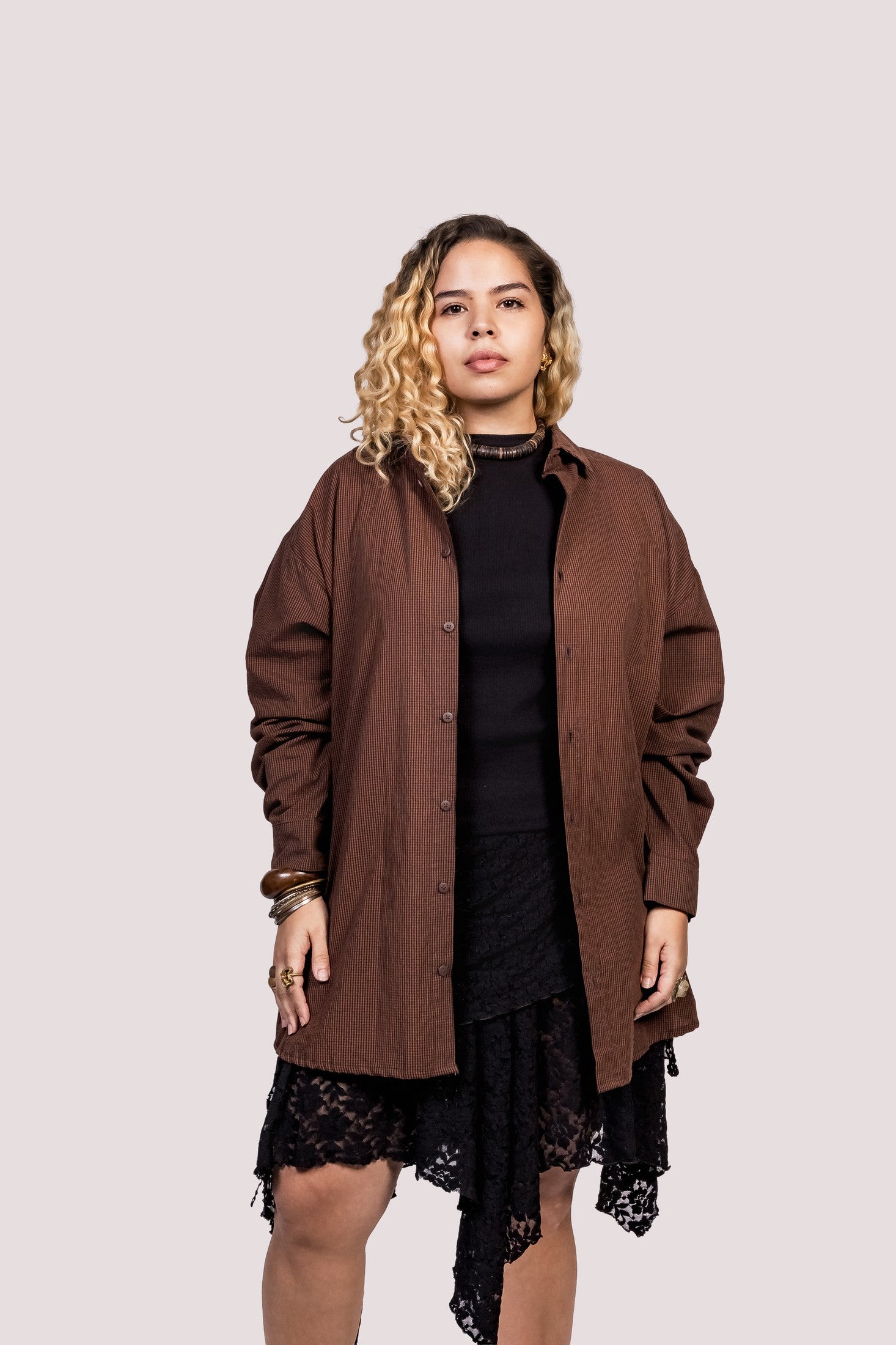 Cosmos | Camisa Tricoline Xadrez Oversized Manga Longa - Fuá Ateliê