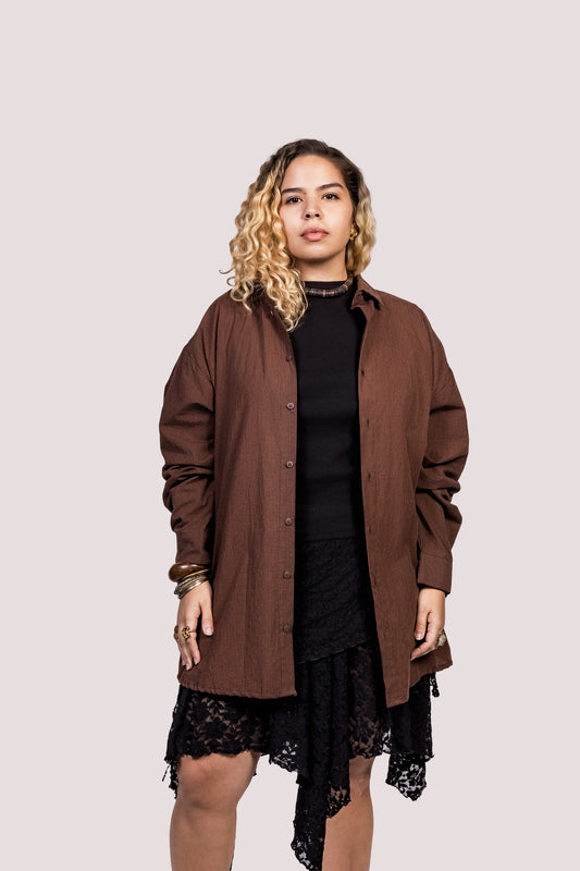 Cosmos | Camisa Tricoline Xadrez Oversized Manga Longa - Fuá Ateliê