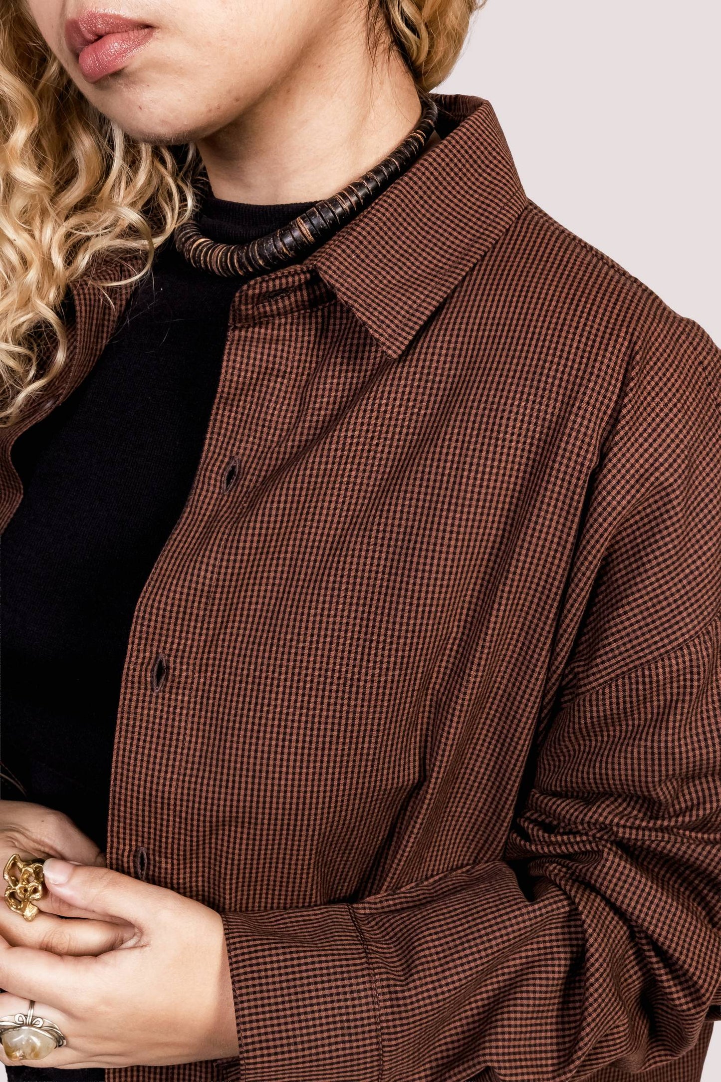 Cosmos | Camisa Tricoline Xadrez Oversized Manga Longa - Fuá Ateliê