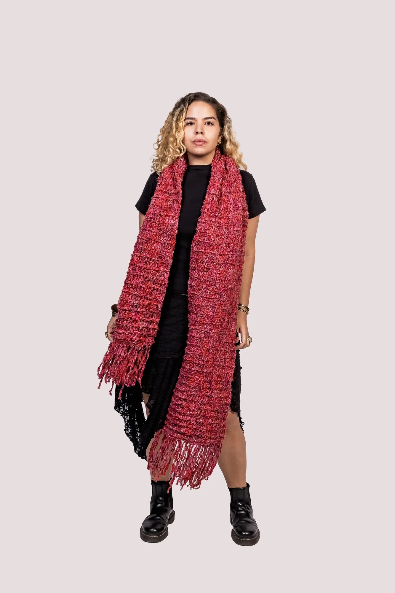 Cachecol tricô | 100% feito a mão • pink/vermelho - Fuá Ateliê