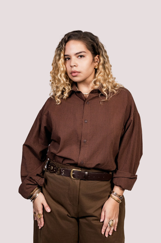 Cosmos | Camisa Tricoline Xadrez Oversized Manga Longa - Fuá Ateliê