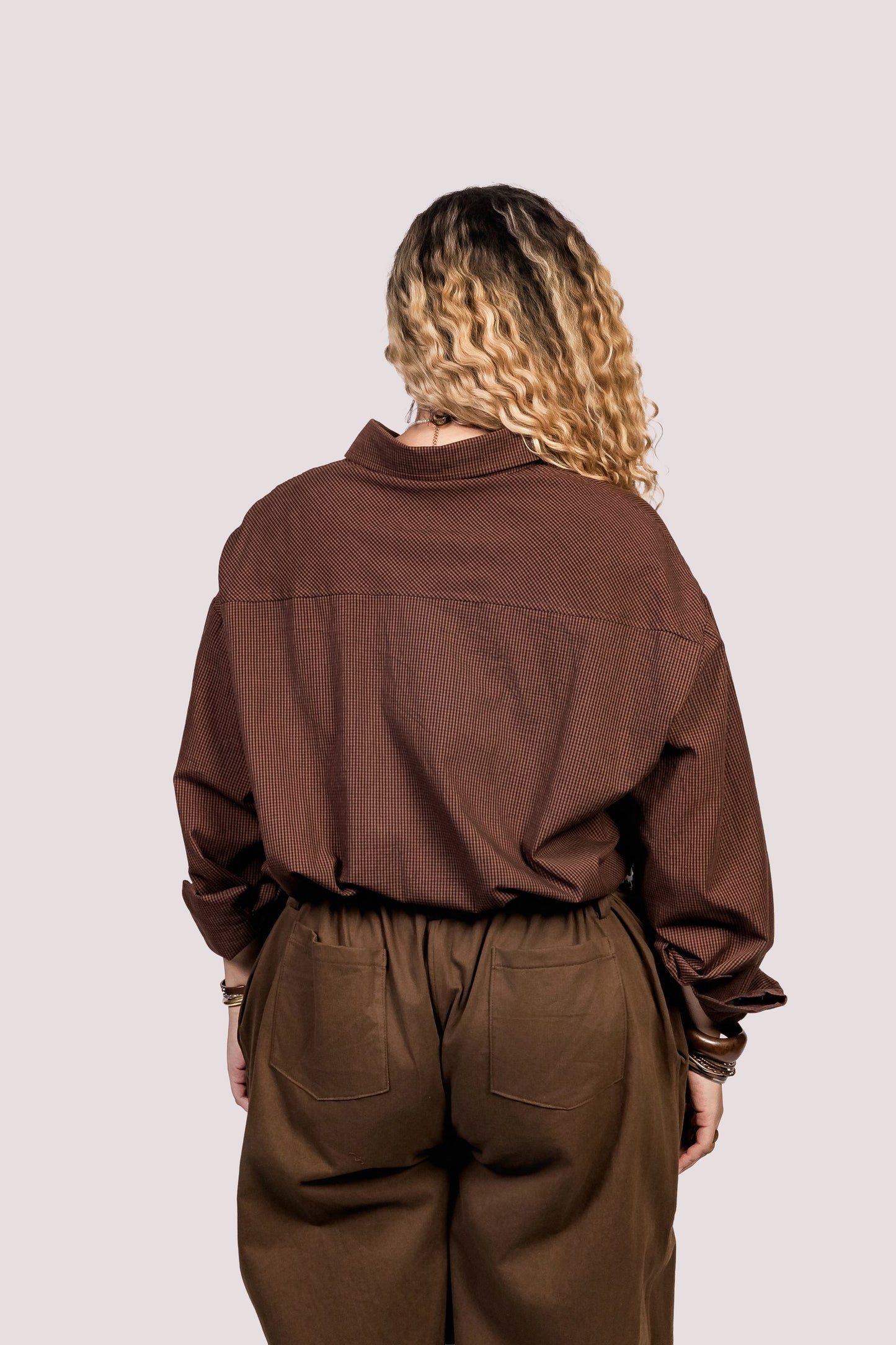 Cosmos | Camisa Tricoline Xadrez Oversized Manga Longa - Fuá Ateliê