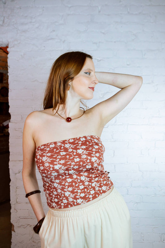 Faixa | Cropped tomara que caia 󠁯•󠁏󠁏 malha poliamida floral terracota - Fuá Ateliê