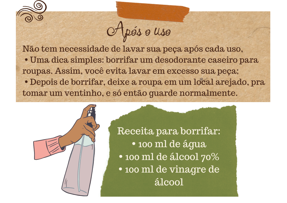 Guia de cuidados Fuá - Dicas para após usar roupa: borrifar com desodorante caseiro de água, álcool e vinagre, deixar arejado antes de guardar